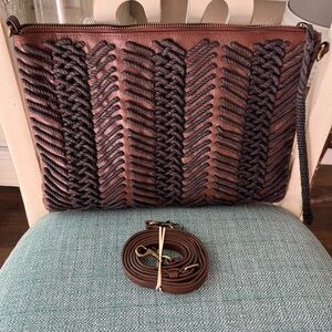 Chico’s Slim Clutch Wristlet Handbag Brown Leather Brown Braided Rope Accent